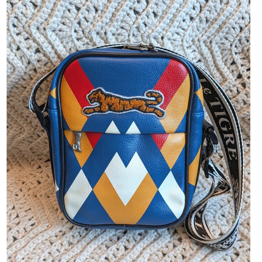 RARE Le Tigre Crossbody Bag Blue Colorful Geometric Tiger Logo Adjustable Strap